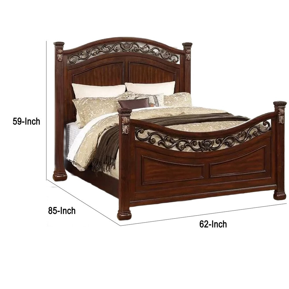 Benjara Miri Arched Queen Bed, Carved Leaf Details, Reeded Pilasters, Oak Brown