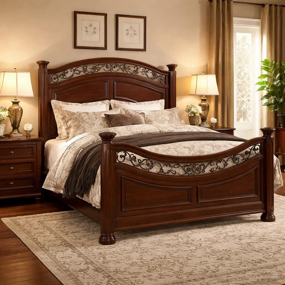 Benjara Miri Arched Queen Bed, Carved Leaf Details, Reeded Pilasters, Oak Brown