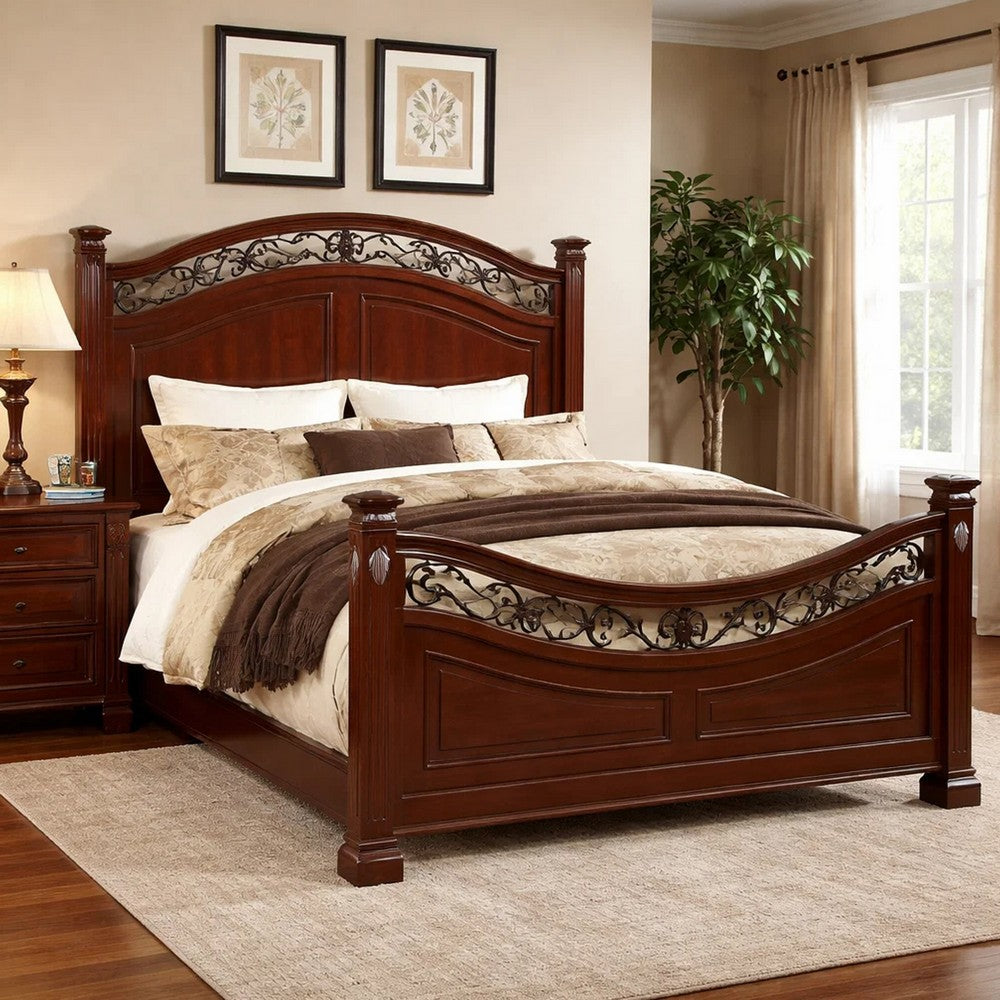 Benjara Miri Arched Queen Bed, Carved Leaf Details, Reeded Pilasters, Oak Brown