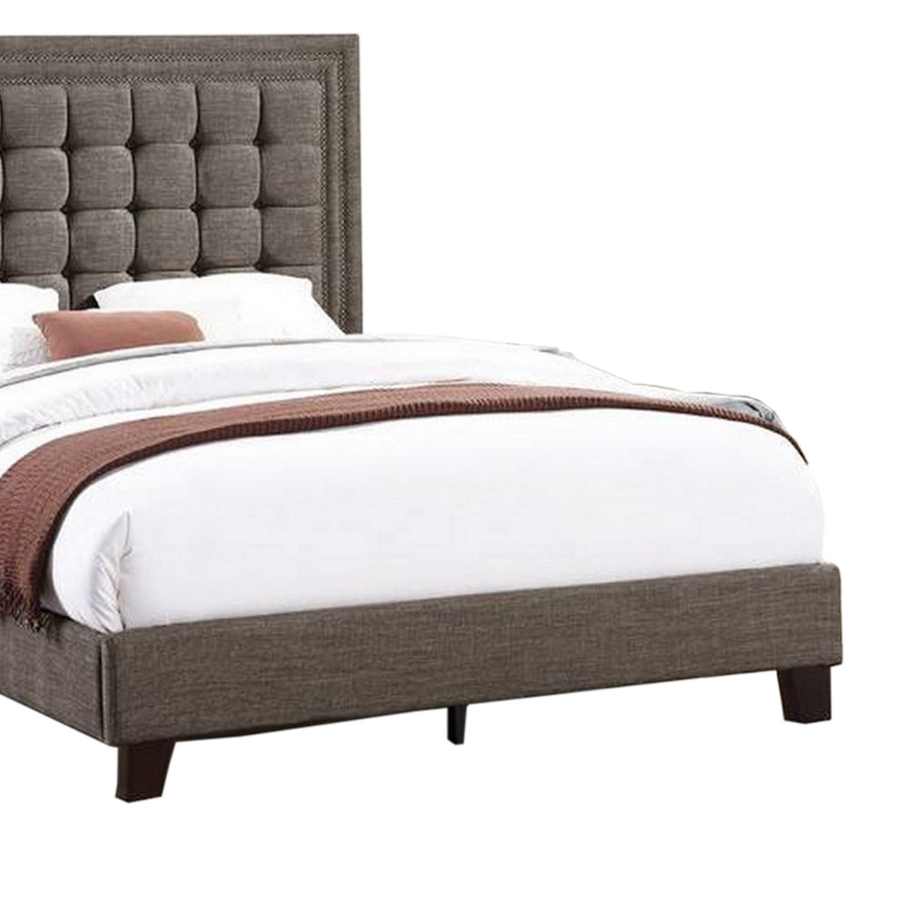 Benjara Zofi Modern Full Size Bed, Deep Square Tufted Upholstery, Taupe Polyester