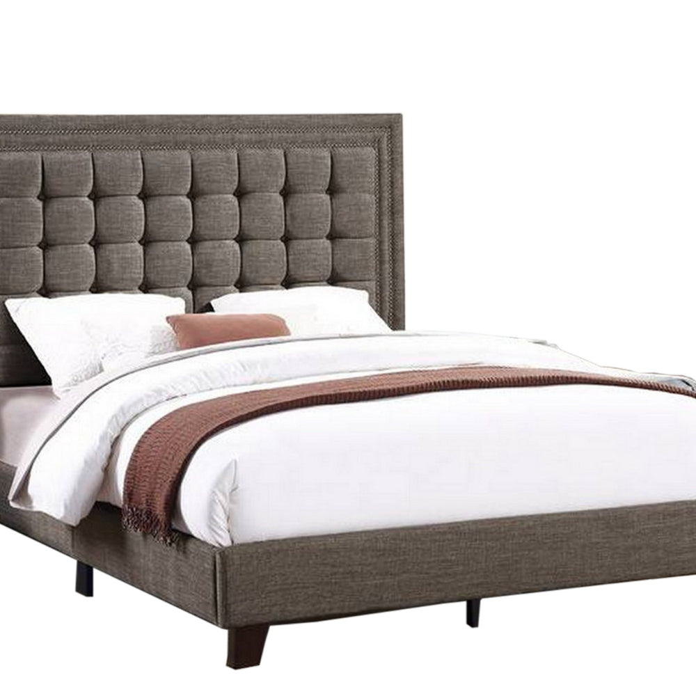 Benjara Zofi Modern Full Size Bed, Deep Square Tufted Upholstery, Taupe Polyester