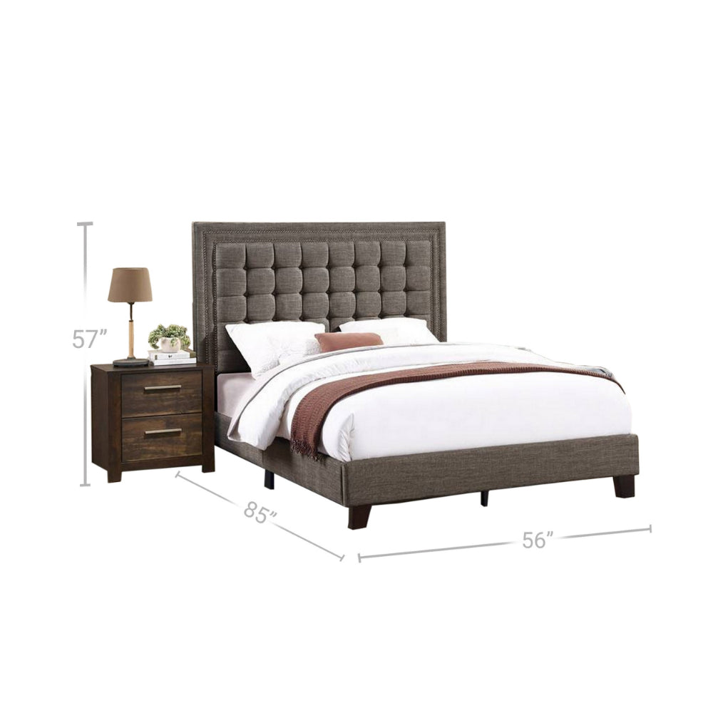 Benjara Zofi Modern Full Size Bed, Deep Square Tufted Upholstery, Taupe Polyester