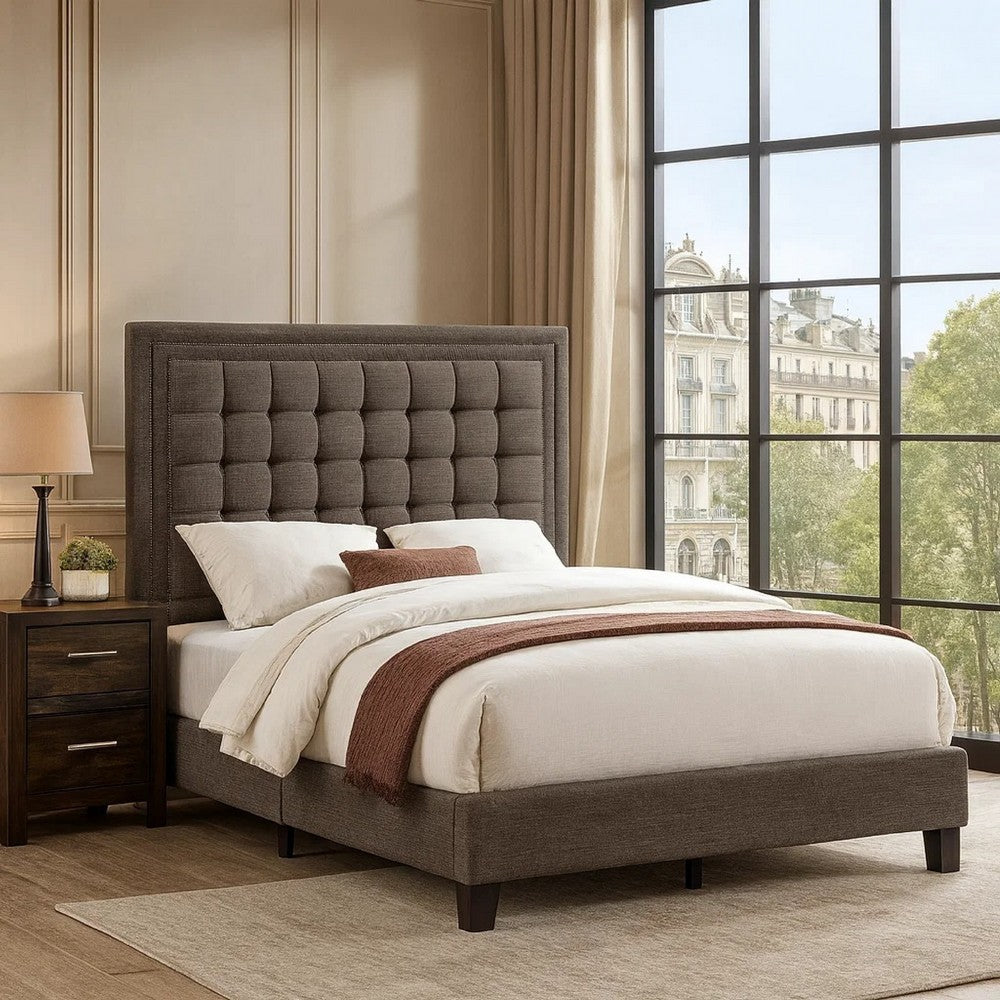 Benjara Zofi Modern Full Size Bed, Deep Square Tufted Upholstery, Taupe Polyester