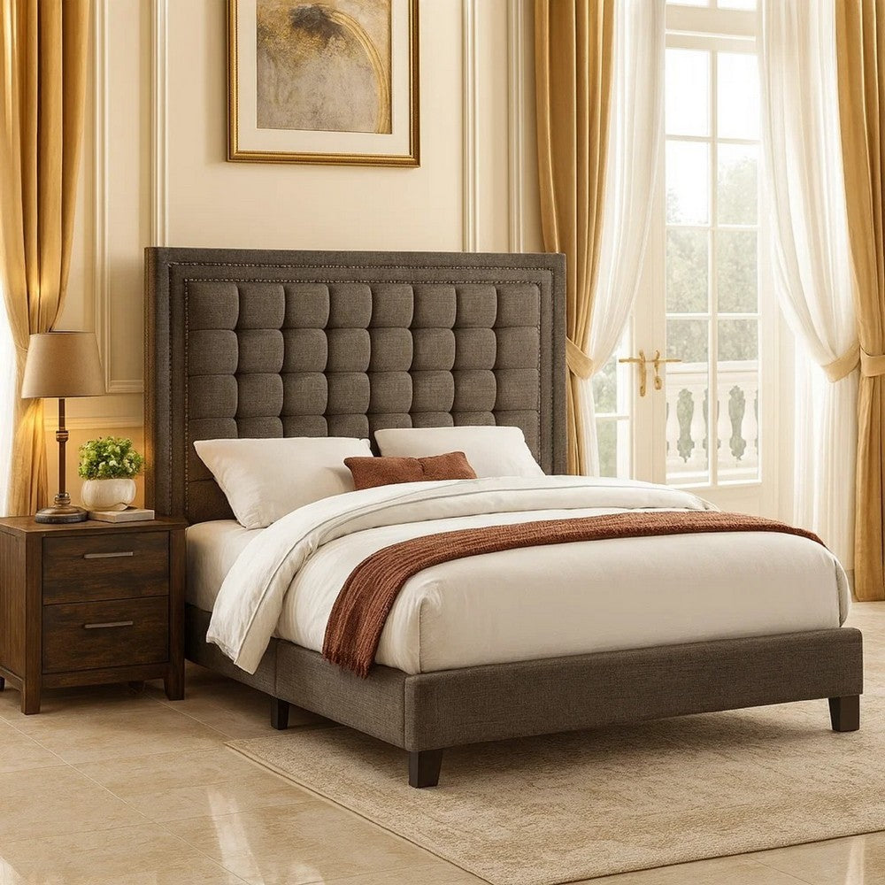 Benjara Zofi Modern Full Size Bed, Deep Square Tufted Upholstery, Taupe Polyester