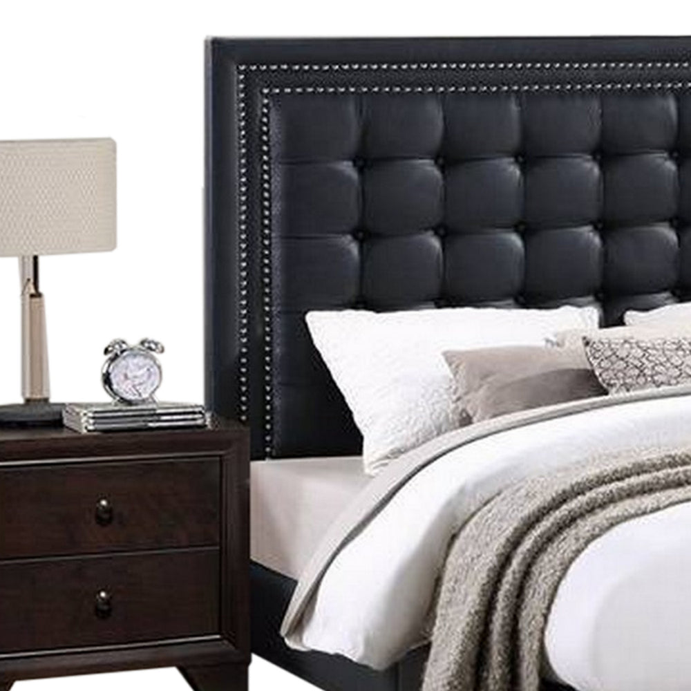 Benjara Vea Modern Platform Queen Bed, Deep Tufted Upholstery, Black Faux Leather
