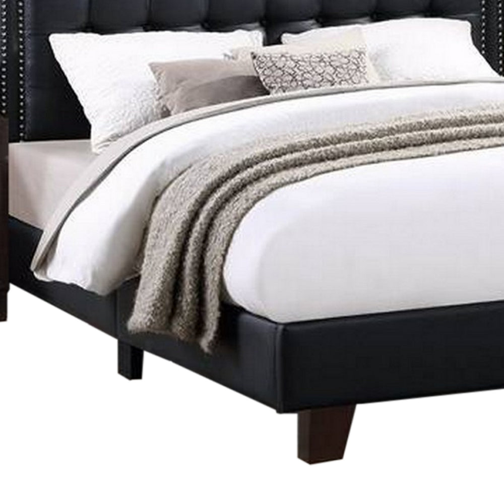 Benjara Vea Modern Platform Queen Bed, Deep Tufted Upholstery, Black Faux Leather