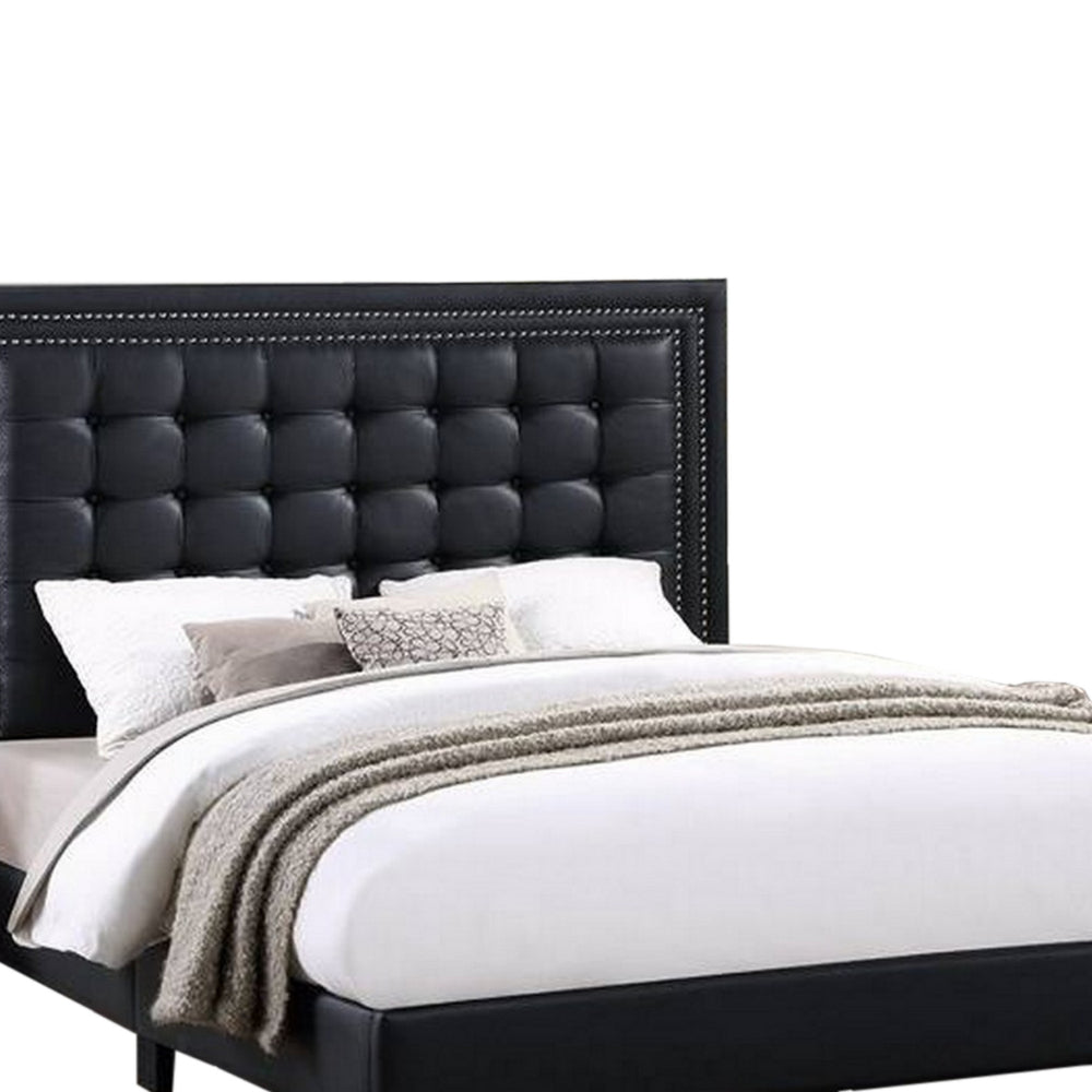 Benjara Vea Modern Platform Queen Bed, Deep Tufted Upholstery, Black Faux Leather