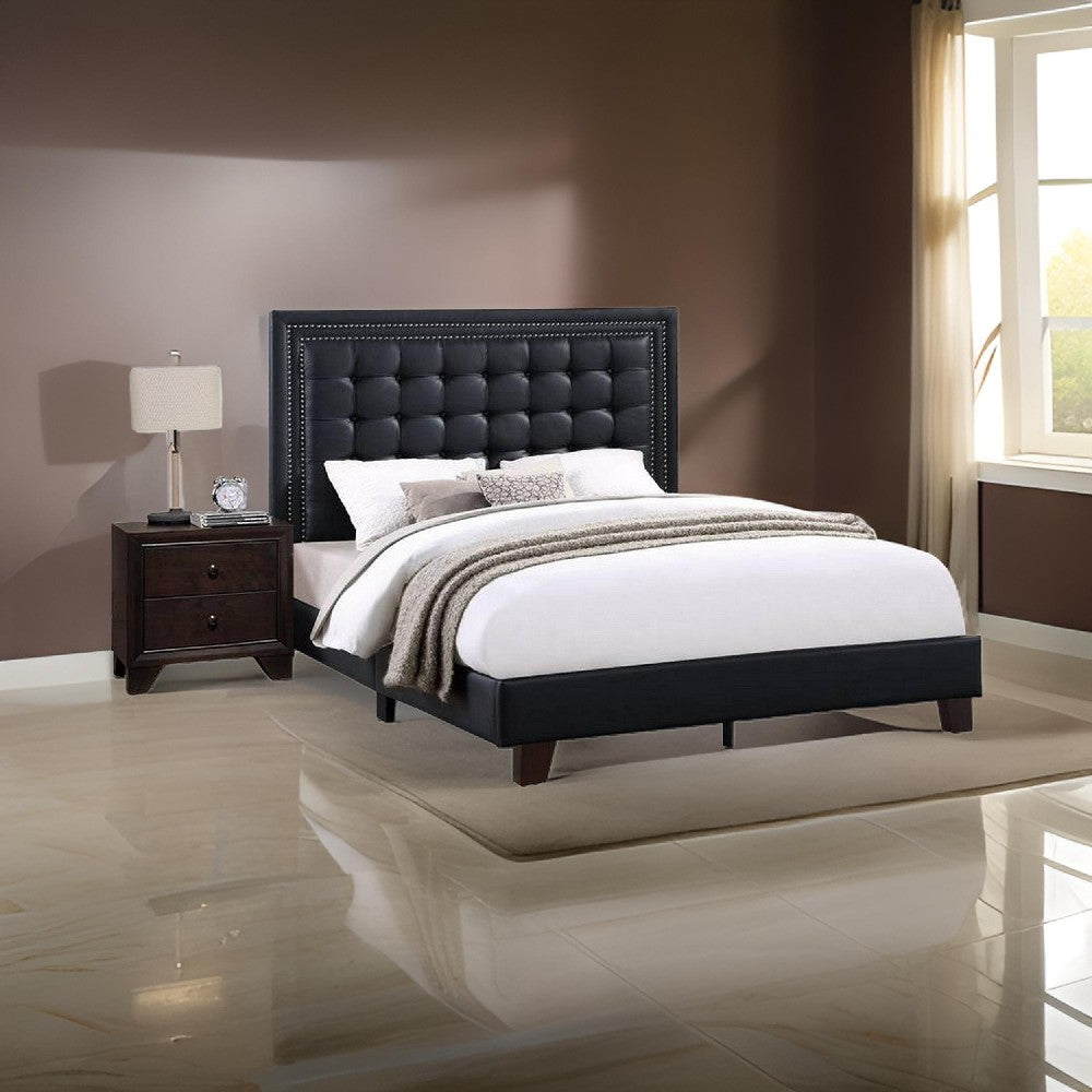 Benjara Vea Modern Platform Queen Bed, Deep Tufted Upholstery, Black Faux Leather