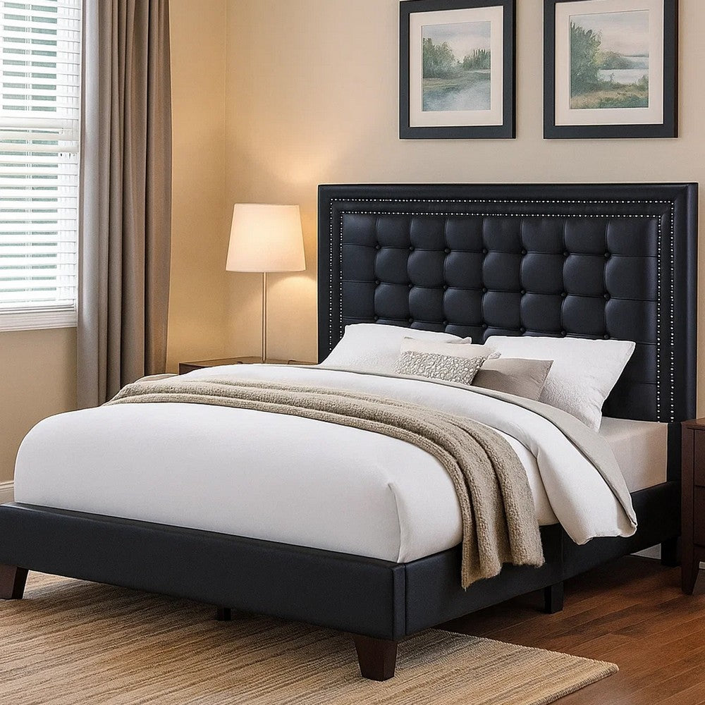 Benjara Vea Modern Platform Queen Bed, Deep Tufted Upholstery, Black Faux Leather