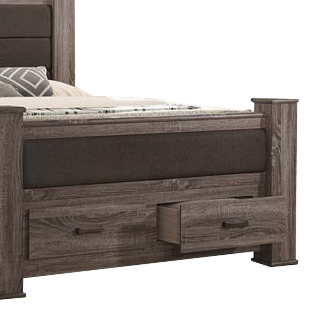 Benjara Fort Classic Queen Sized Bed with 2 Drawers, Upholstered Panel, Oak Gray
