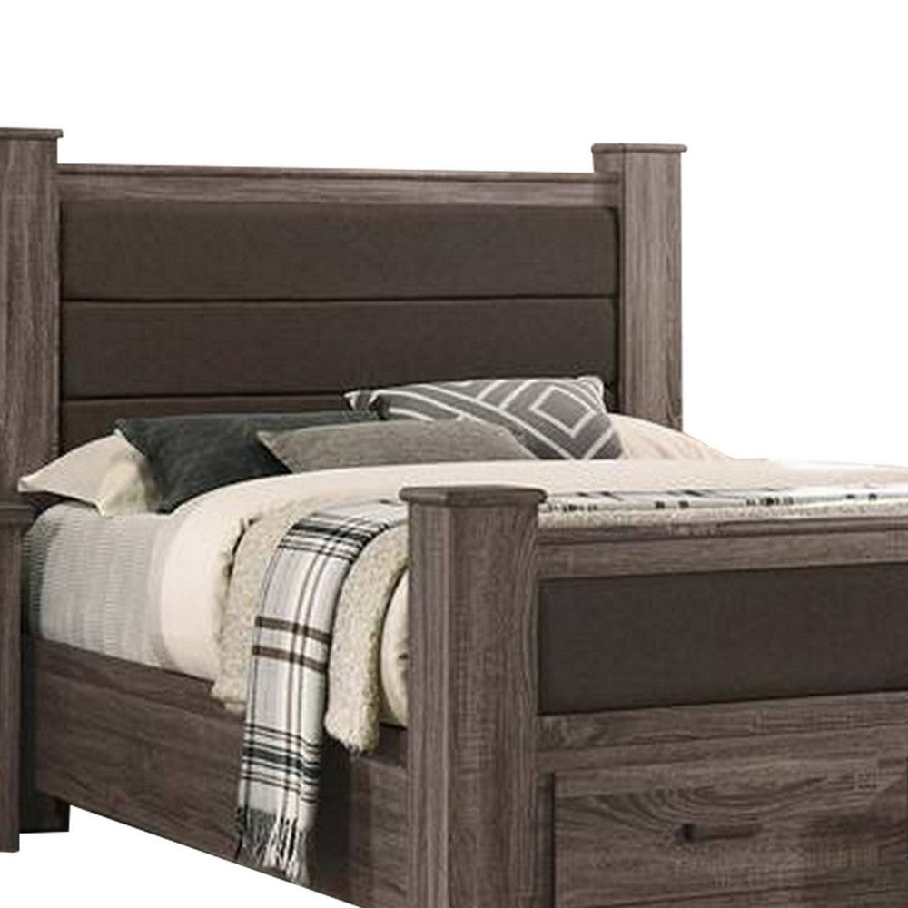 Benjara Fort Classic Queen Sized Bed with 2 Drawers, Upholstered Panel, Oak Gray