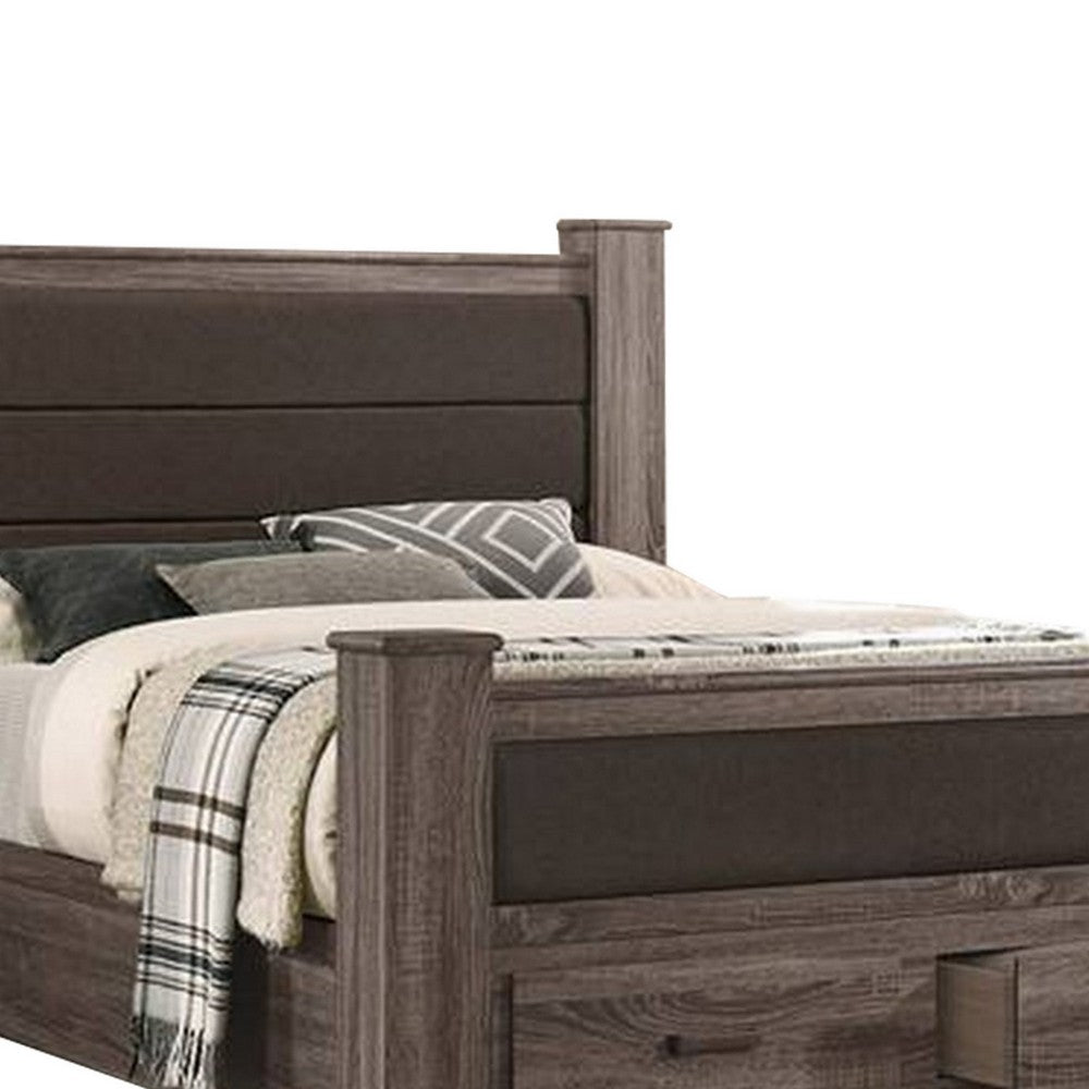 Benjara Fort Classic Queen Sized Bed with 2 Drawers, Upholstered Panel, Oak Gray