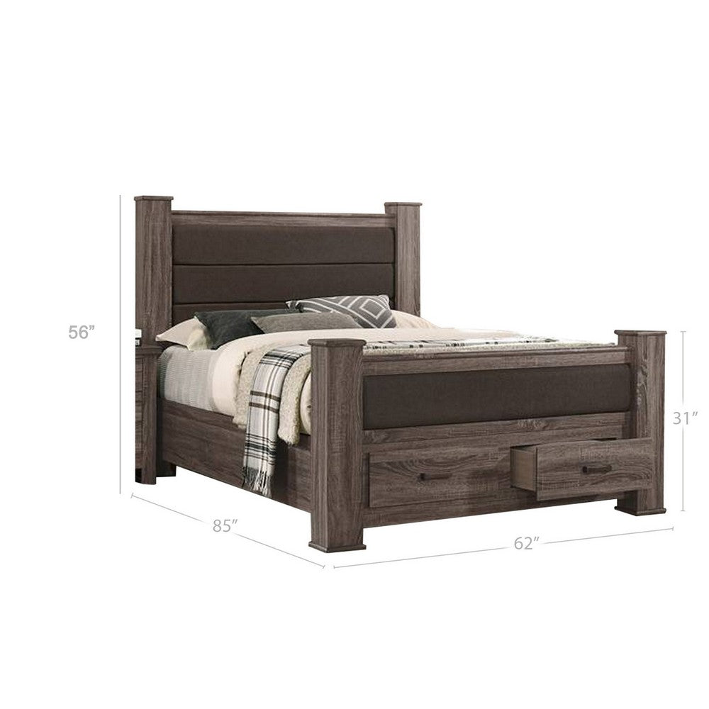Benjara Fort Classic Queen Sized Bed with 2 Drawers, Upholstered Panel, Oak Gray