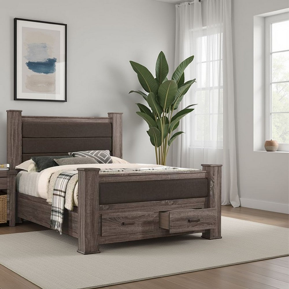 Benjara Fort Classic Queen Sized Bed with 2 Drawers, Upholstered Panel, Oak Gray