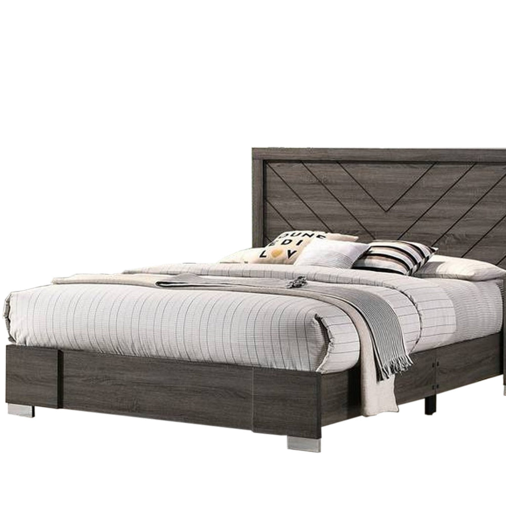 Benjara Lola Classic King Size Bed, Wood Grain, Strong Block Legs, Taupe Brown