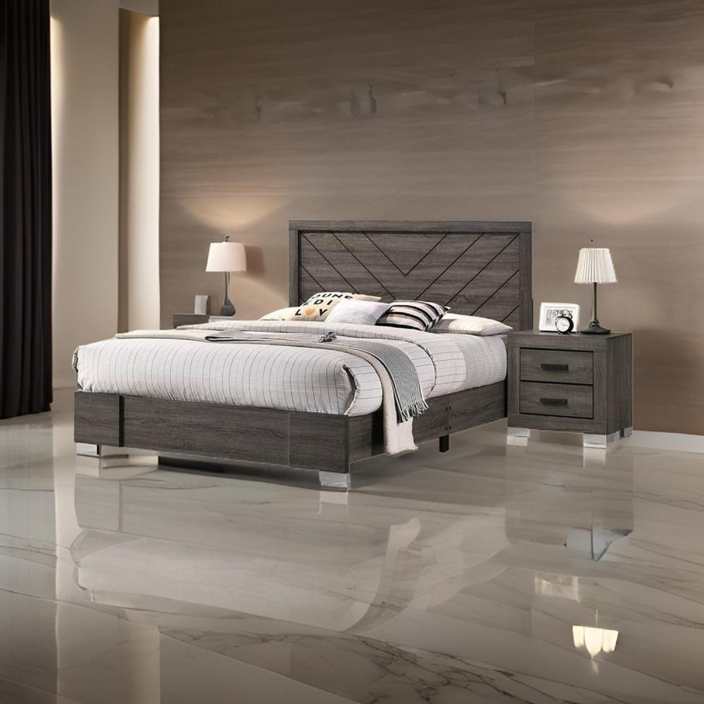 Benjara Lola Classic King Size Bed, Wood Grain, Strong Block Legs, Taupe Brown