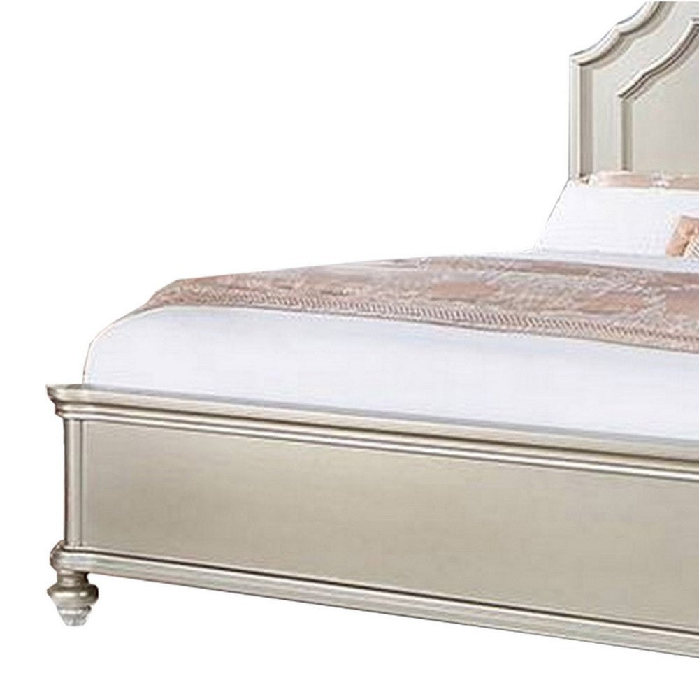 Benjara Opp Platform Queen Size Bed with Curved Panel Headboard, Champagne Silver