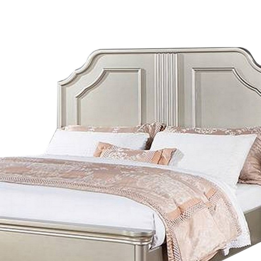 Benjara Opp Platform Queen Size Bed with Curved Panel Headboard, Champagne Silver