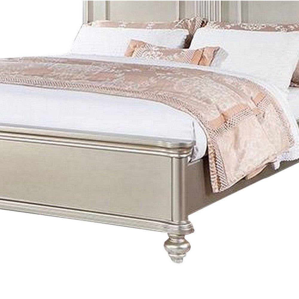Benjara Opp Platform Queen Size Bed with Curved Panel Headboard, Champagne Silver