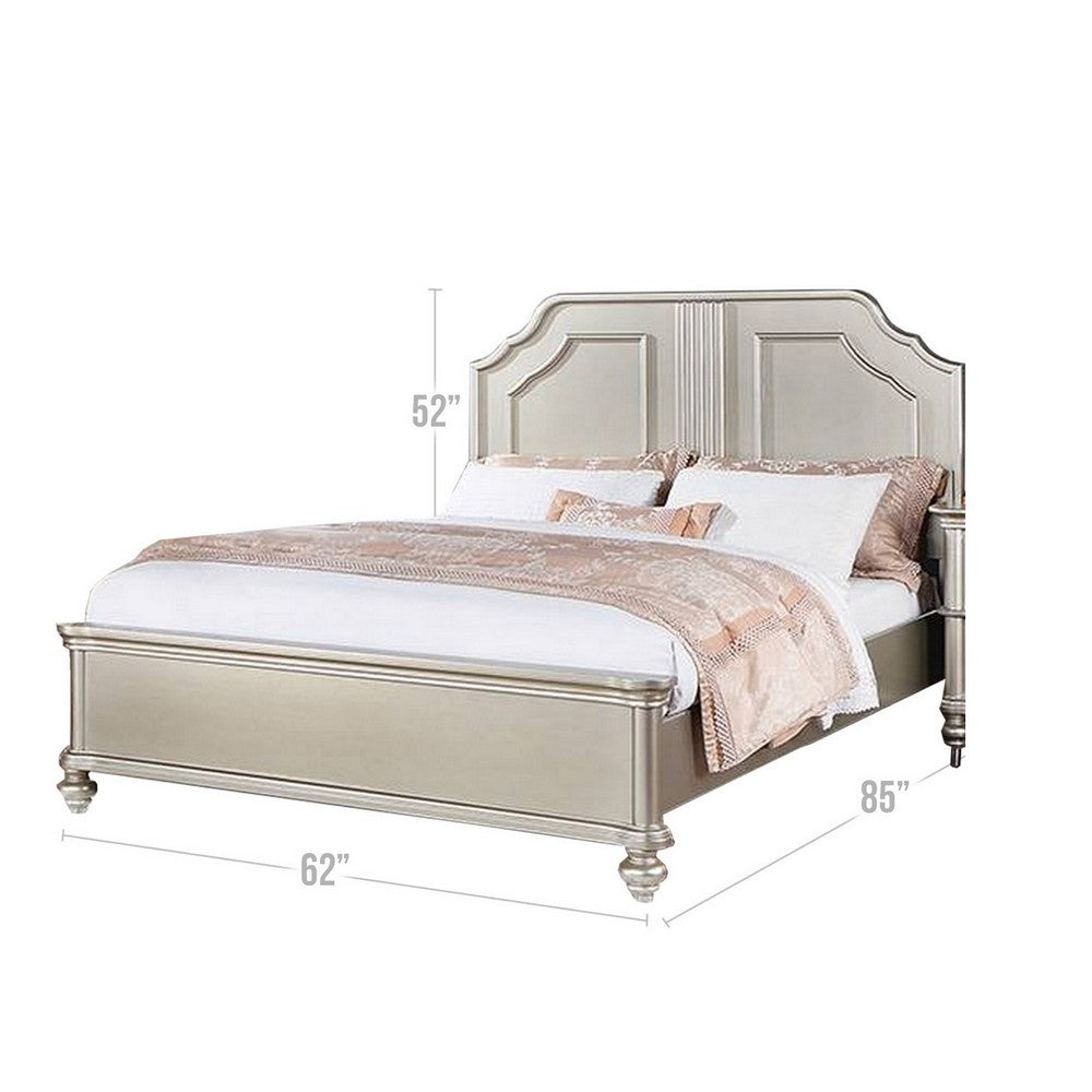 Benjara Opp Platform Queen Size Bed with Curved Panel Headboard, Champagne Silver