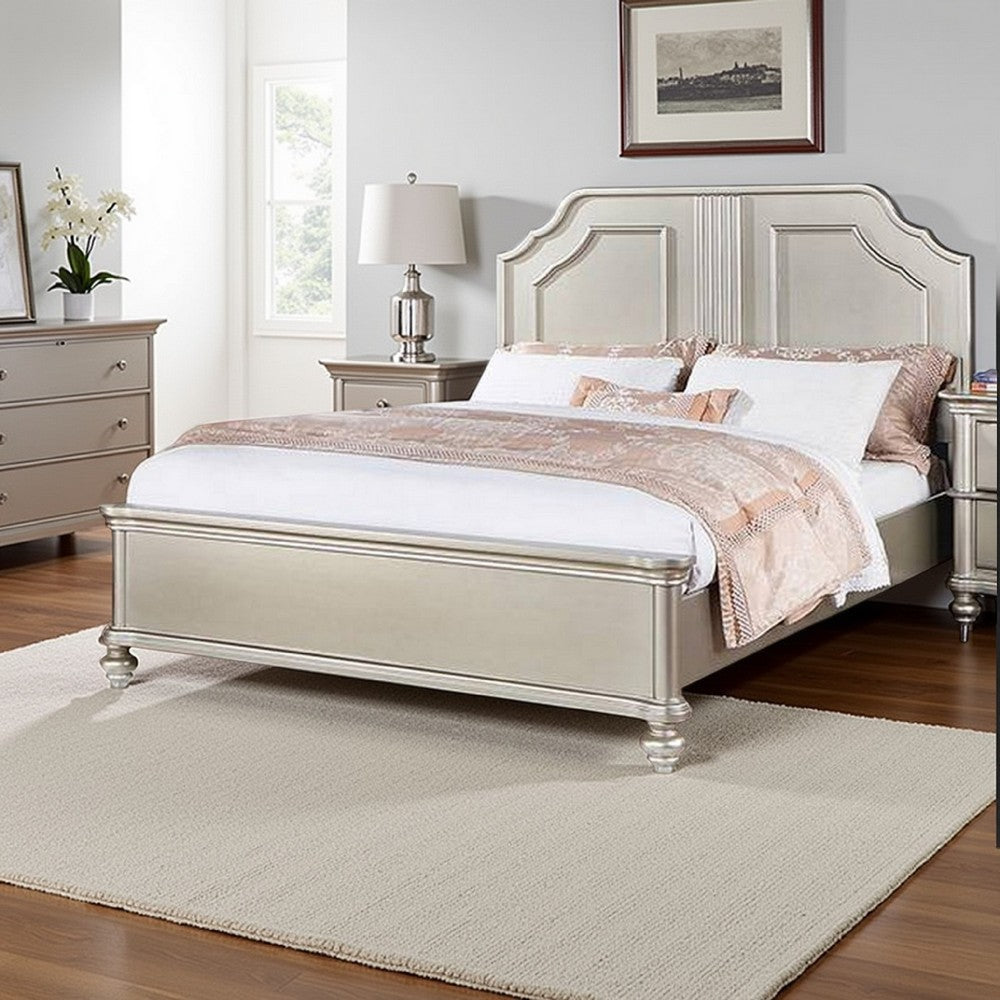 Benjara Opp Platform Queen Size Bed with Curved Panel Headboard, Champagne Silver
