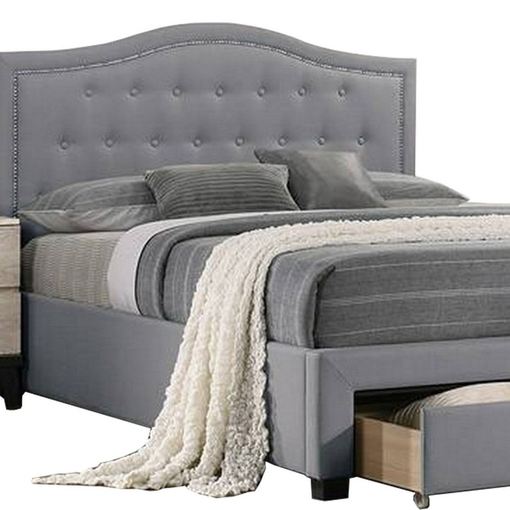 Benjara Buk Upholstered Tufted Twin Bed with Storage, Nailhead Trim, Gray Burlap
