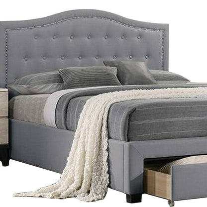 Benjara Buk Upholstered Tufted Twin Bed with Storage, Nailhead Trim, Gray Burlap