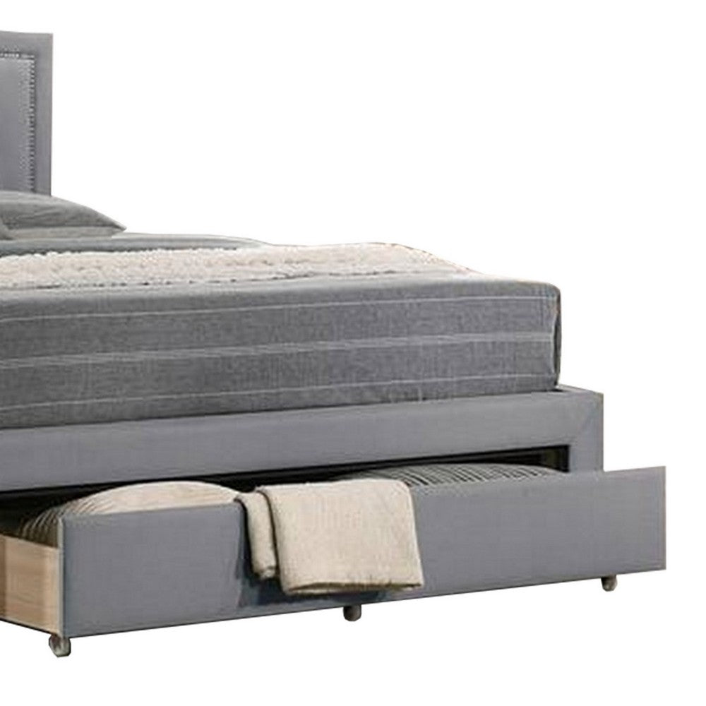 Benjara Buk Upholstered Tufted Twin Bed with Storage, Nailhead Trim, Gray Burlap