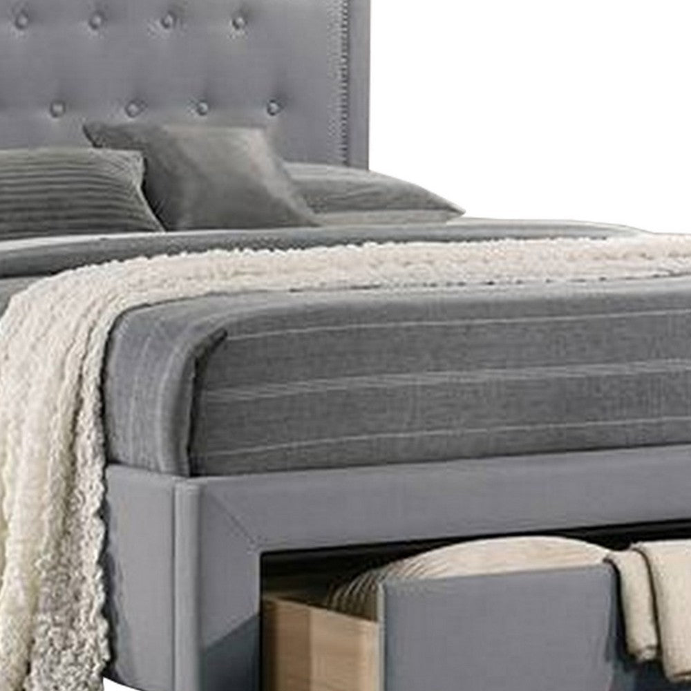 Benjara Buk Upholstered Tufted Twin Bed with Storage, Nailhead Trim, Gray Burlap