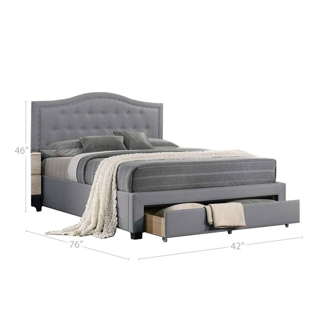 Benjara Buk Upholstered Tufted Twin Bed with Storage, Nailhead Trim, Gray Burlap