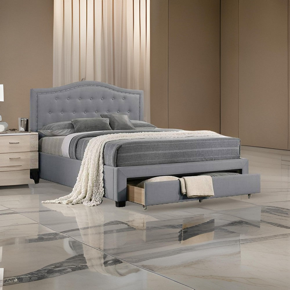 Benjara Buk Upholstered Tufted Twin Bed with Storage, Nailhead Trim, Gray Burlap
