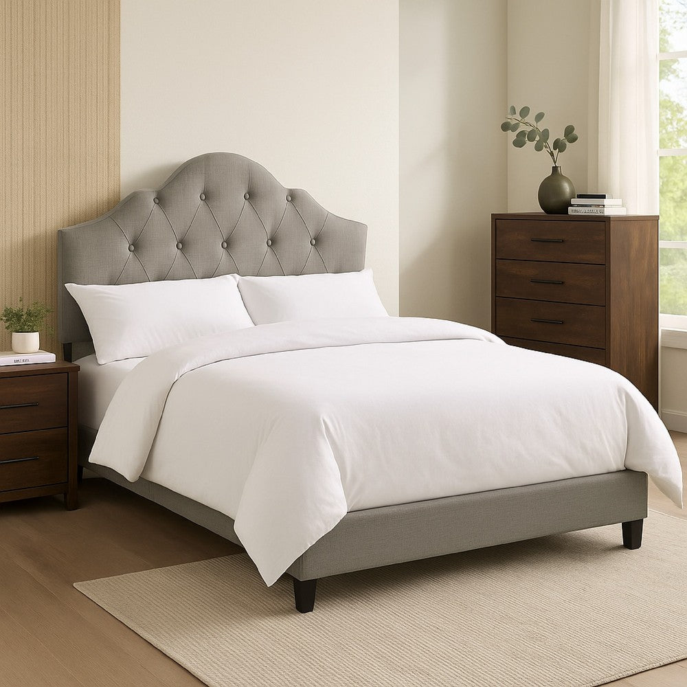 Benjara Eni Upholstered King Size Bed, Tufted Adjustable Headboard, Gray Fabric