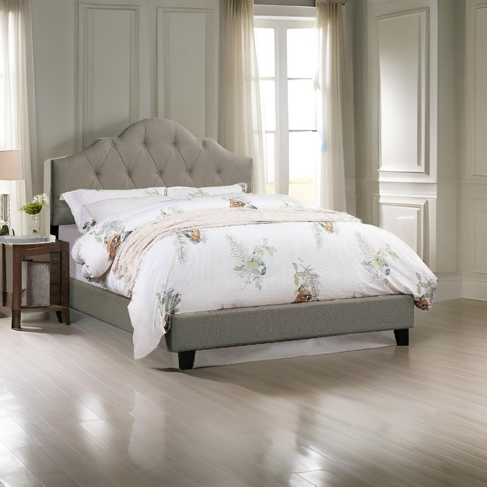 Benjara Eni Upholstered Full Size Bed, Tufted Adjustable Headboard, Gray Fabric