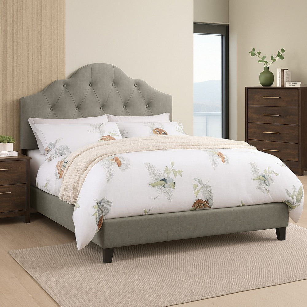 Benjara Eni Upholstered Queen Size Bed, Tufted Adjustable Headboard, Gray Fabric