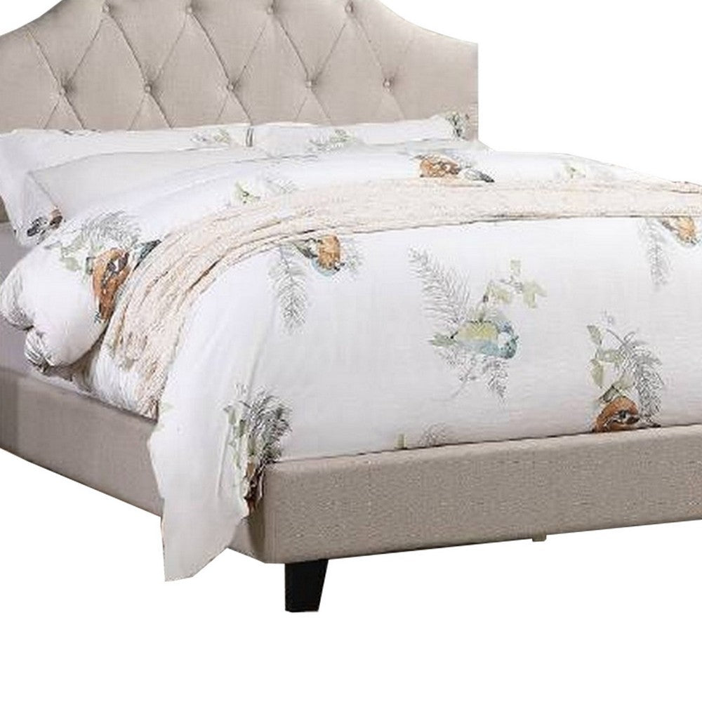 Benjara Eni Upholstered Full Size Bed, Tufted Adjustable Headboard, Taupe Fabric