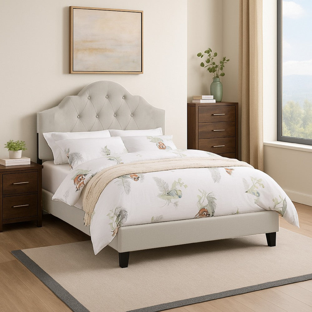 Benjara Eni Upholstered Full Size Bed, Tufted Adjustable Headboard, Taupe Fabric