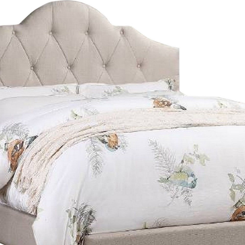 Benjara Eni Upholstered Queen Size Bed, Tufted Adjustable Headboard, Taupe Fabric