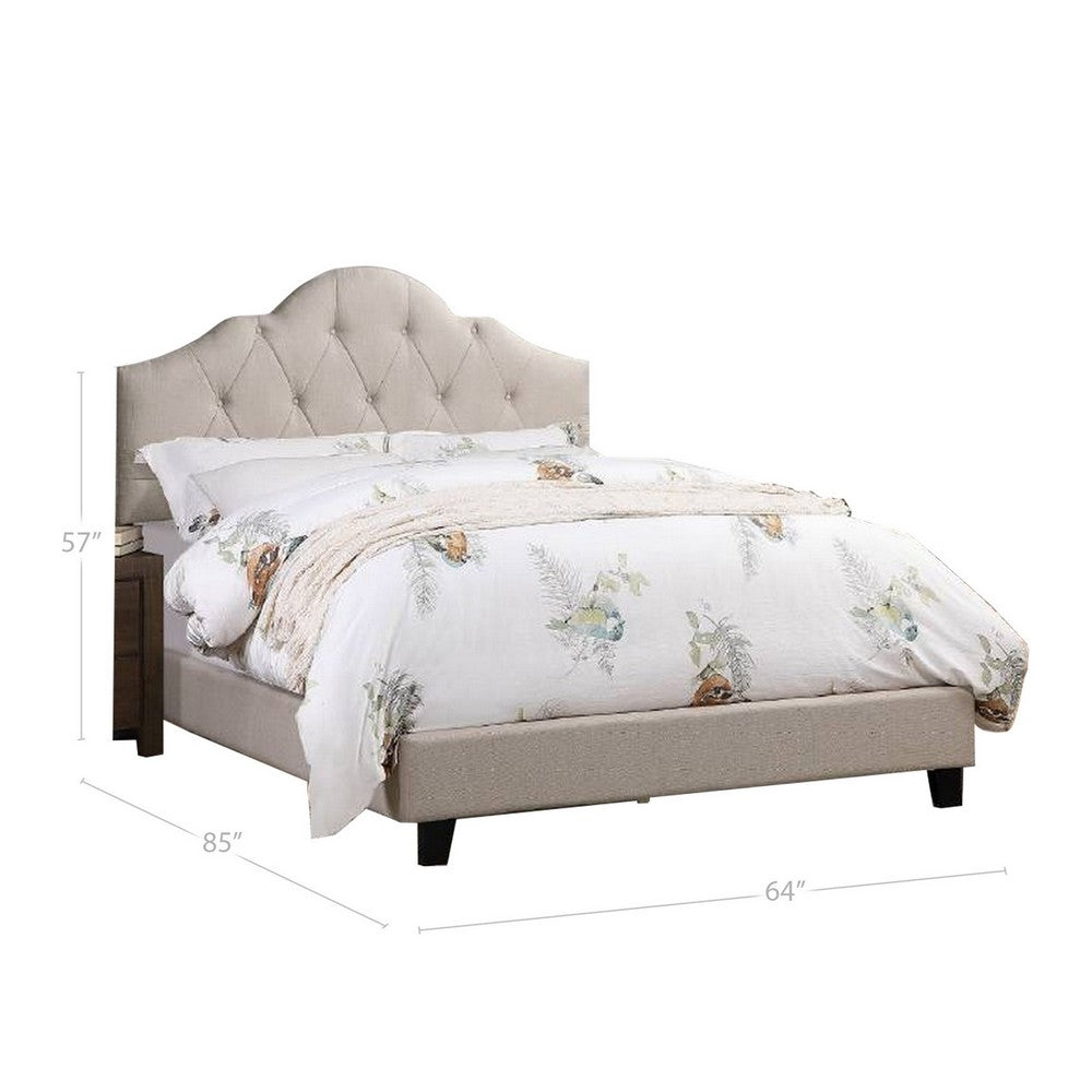Benjara Eni Upholstered Queen Size Bed, Tufted Adjustable Headboard, Taupe Fabric
