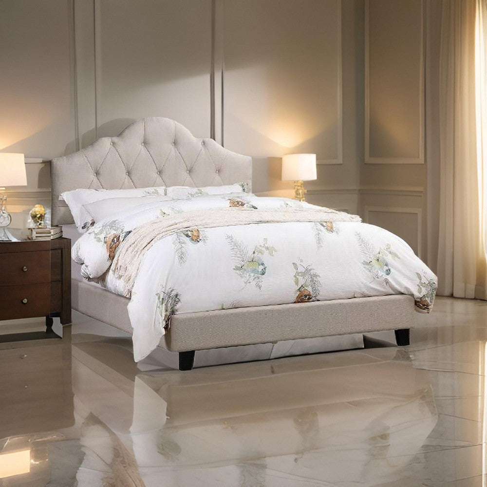 Benjara Eni Upholstered Queen Size Bed, Tufted Adjustable Headboard, Taupe Fabric