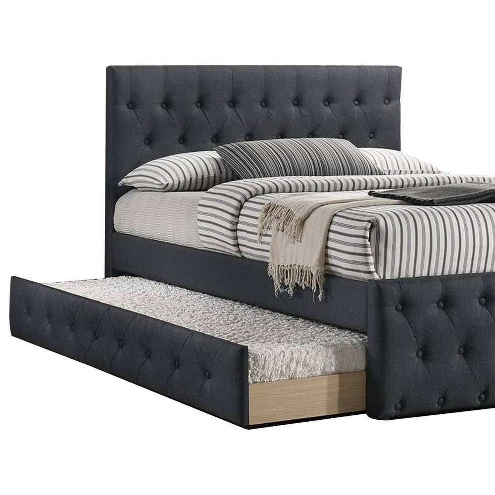 Benjara Nek Wood Twin Size Upholstered Bed with Trundle, Tufted Charcoal Burlap