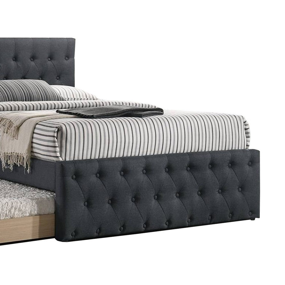 Benjara Nek Wood Twin Size Upholstered Bed with Trundle, Tufted Charcoal Burlap