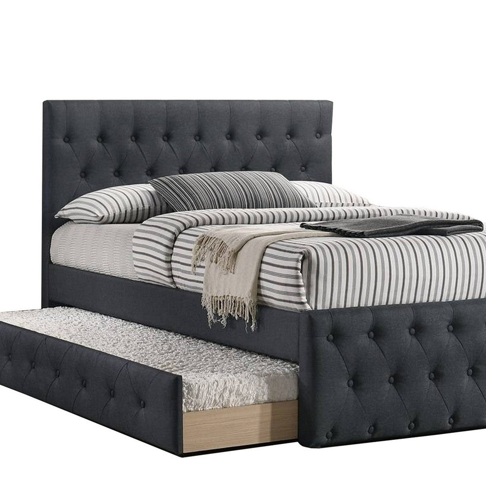 Benjara Nek Wood Twin Size Upholstered Bed with Trundle, Tufted Charcoal Burlap