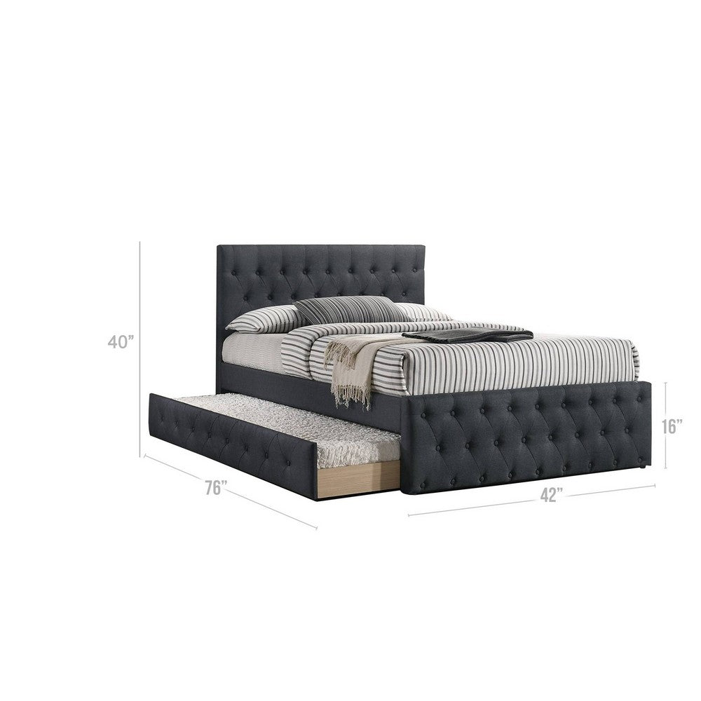 Benjara Nek Wood Twin Size Upholstered Bed with Trundle, Tufted Charcoal Burlap