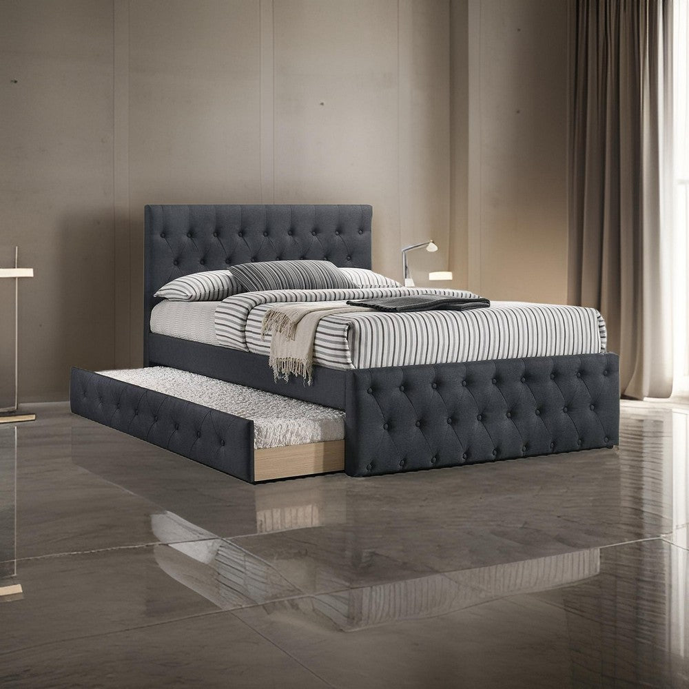 Benjara Nek Wood Twin Size Upholstered Bed with Trundle, Tufted Charcoal Burlap