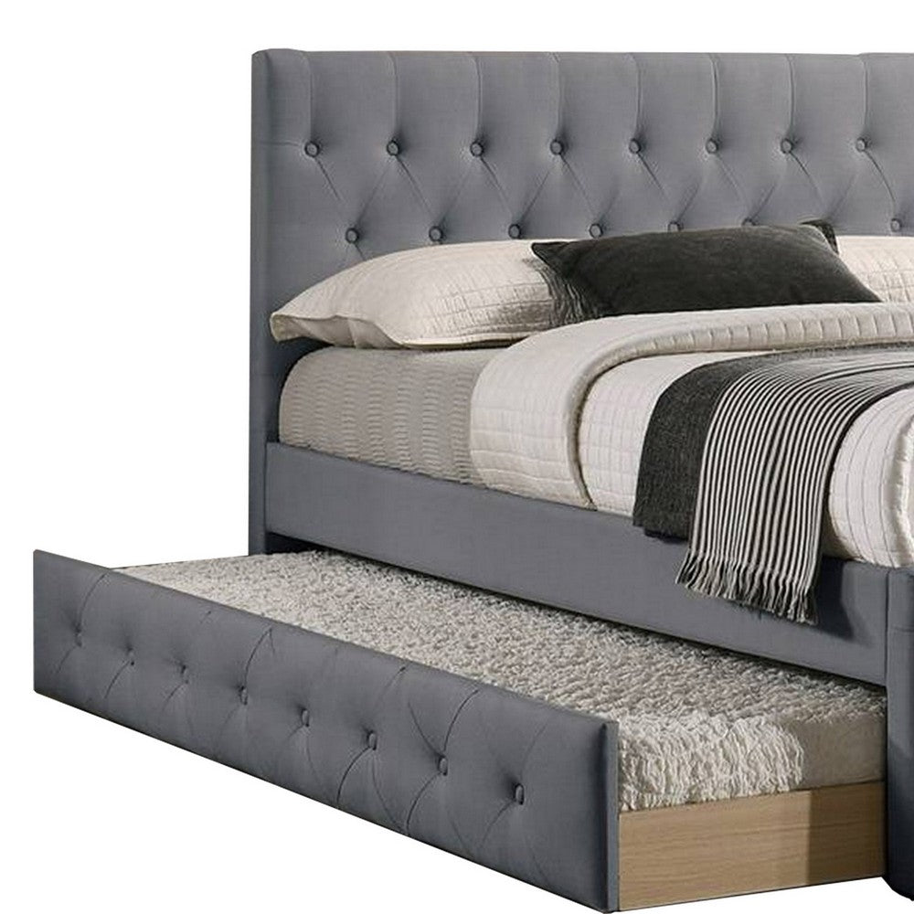 Benjara Nek Wood Twin Size Upholstered Bed with Trundle, Tufted Gray Burlap