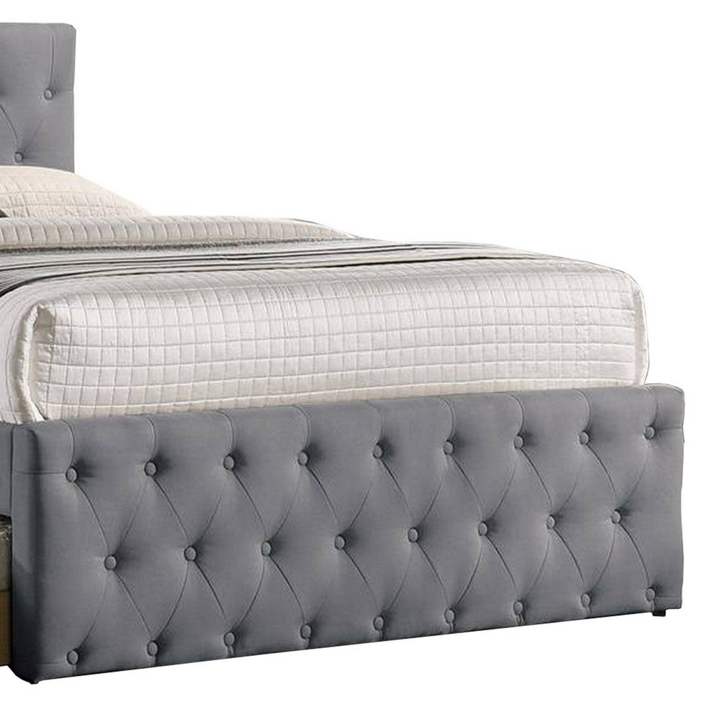 Benjara Nek Wood Twin Size Upholstered Bed with Trundle, Tufted Gray Burlap