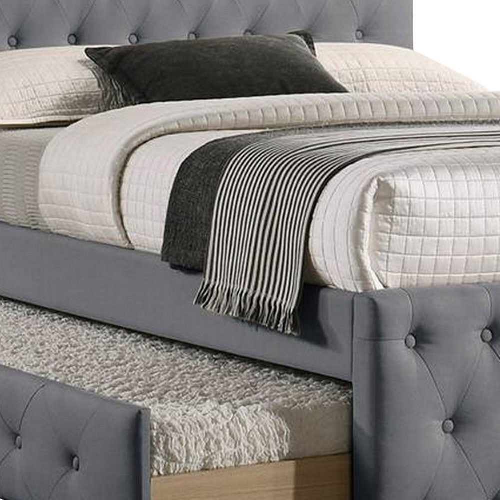 Benjara Nek Wood Twin Size Upholstered Bed with Trundle, Tufted Gray Burlap