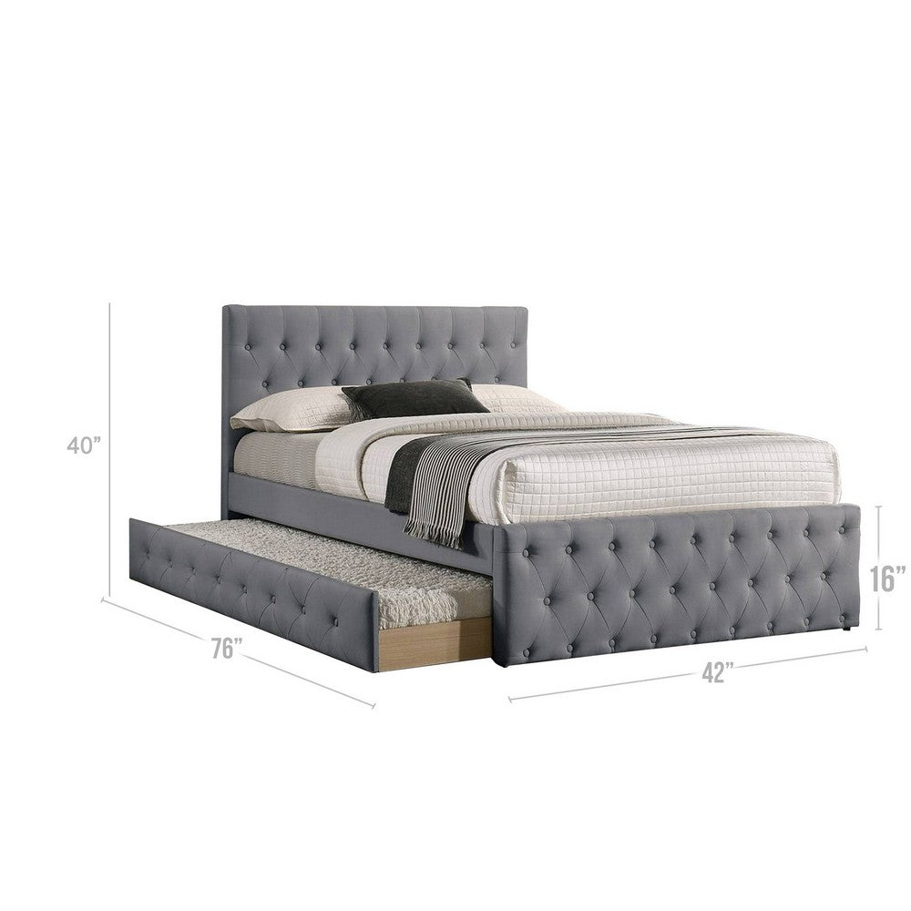 Benjara Nek Wood Twin Size Upholstered Bed with Trundle, Tufted Gray Burlap