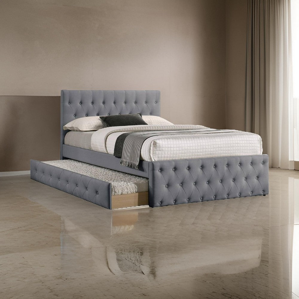 Benjara Nek Wood Twin Size Upholstered Bed with Trundle, Tufted Gray Burlap