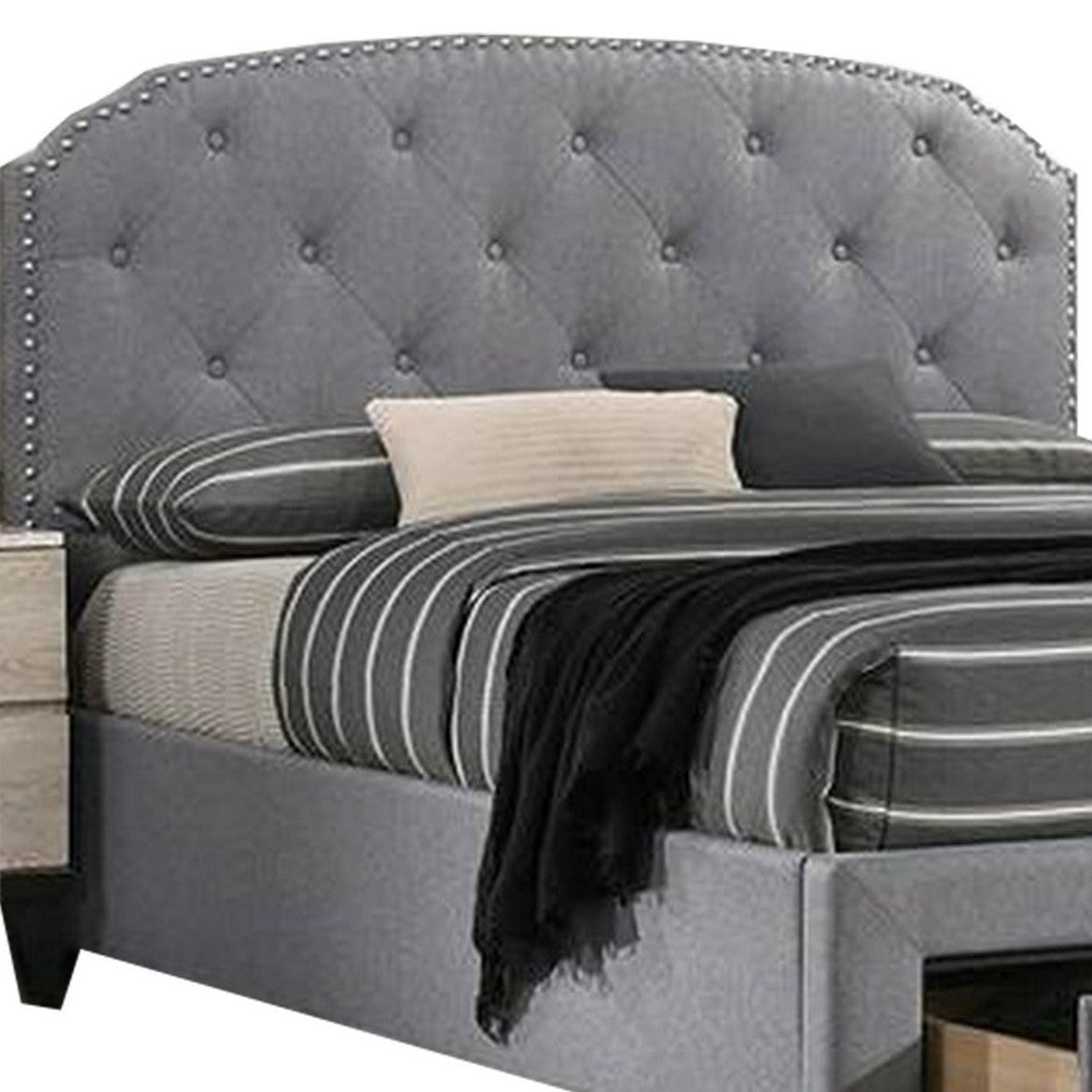 Benjara Nue Twin Upholstered Bed with Curved Tufted Headboard, Nailhead Trim, Gray